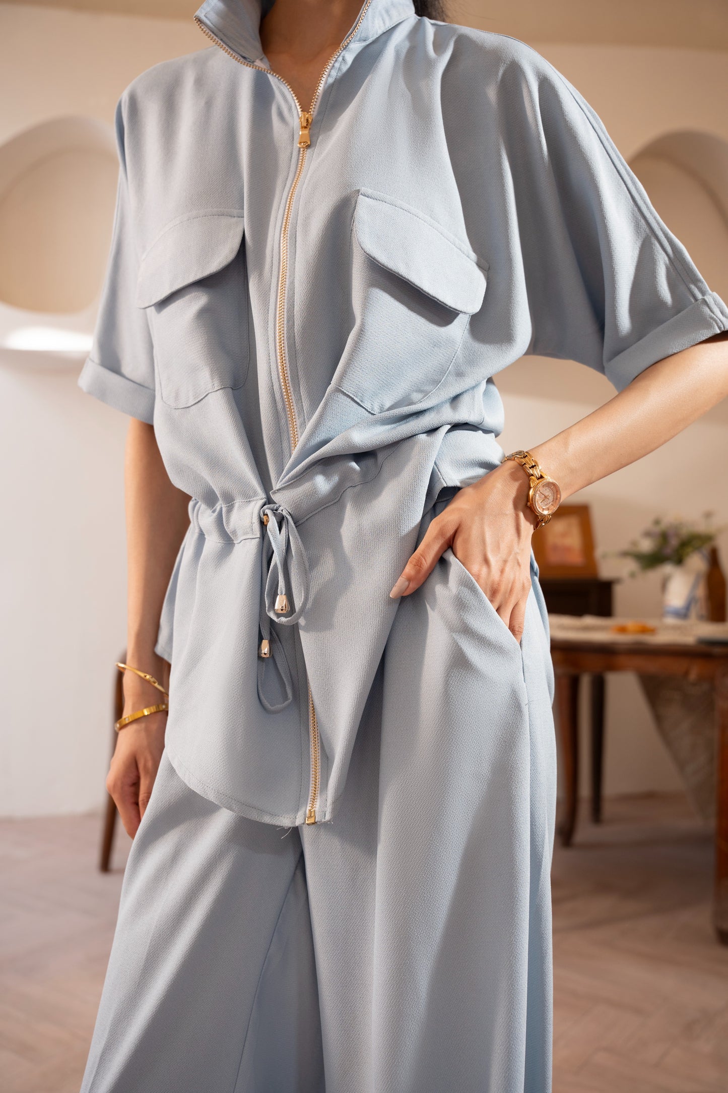FLEUR: Powder Blue Wide-Leg Trousers - (Pants only)