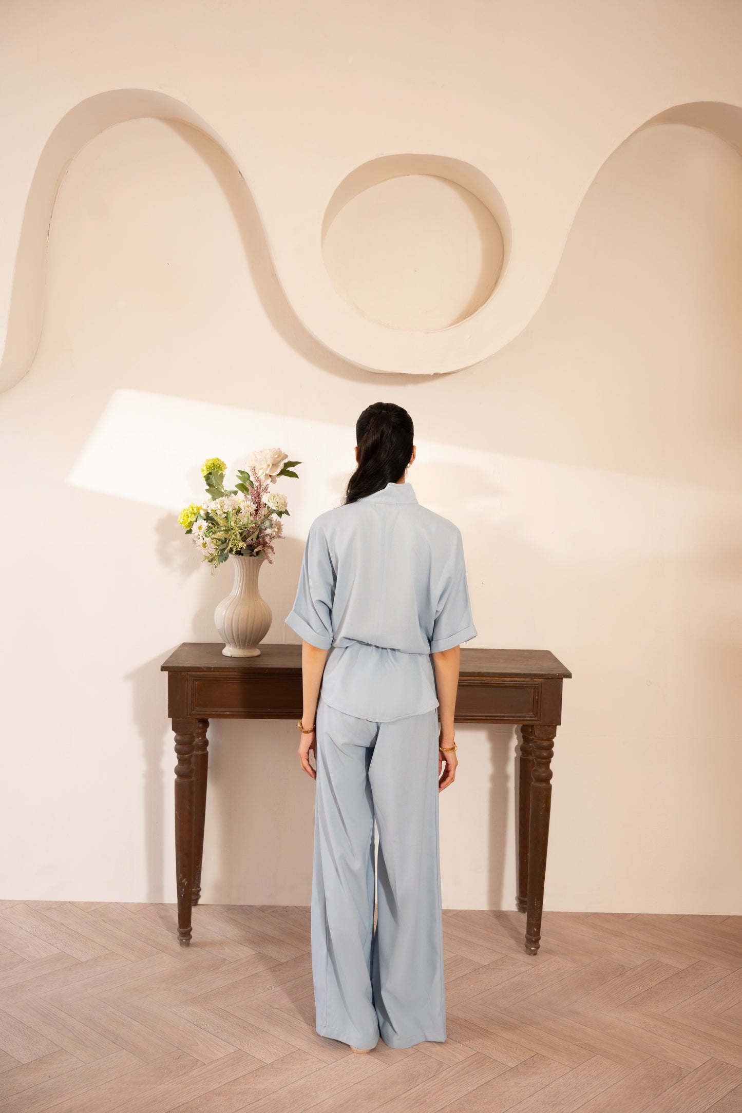 FLEUR: Powder Blue Wide-Leg Trousers - (Pants only)